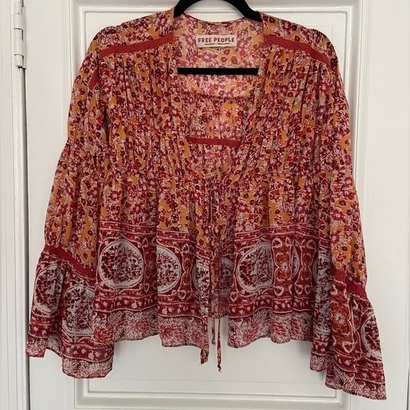 Free People Tiered Kimono Tie Front Orange Red Pattern Flowy Lightweight Blouse - Picture 7 of 14
